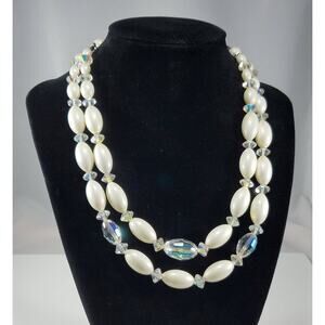 Vintage Austrian Crystal Necklace Double Strand Lucite Beads 1950s Wedding